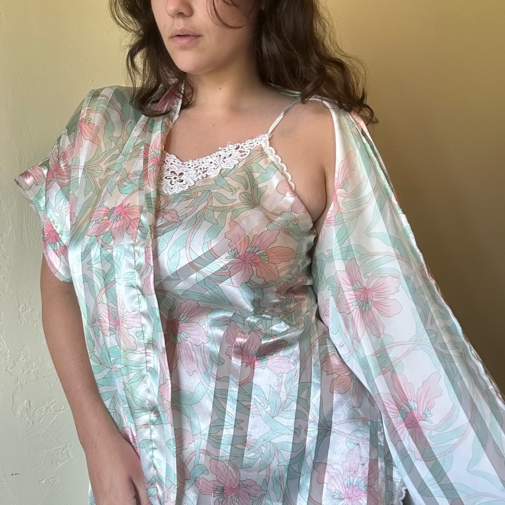 Vintage pastel floral sleepwear set with slip dress and robe.